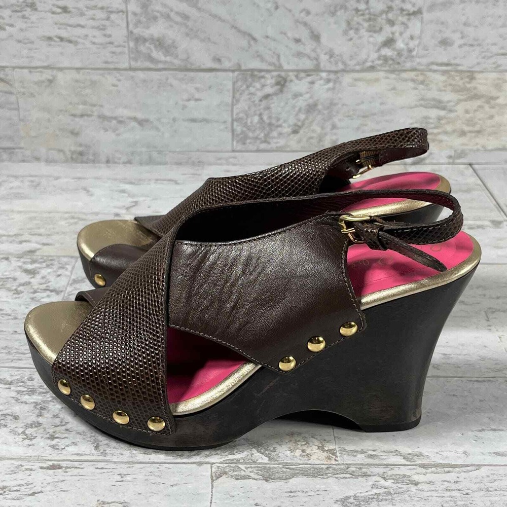 Lilly Pulitzer Callie Slingback Sandals Womens Size 6M Brown Leather Wedge‎ Heel